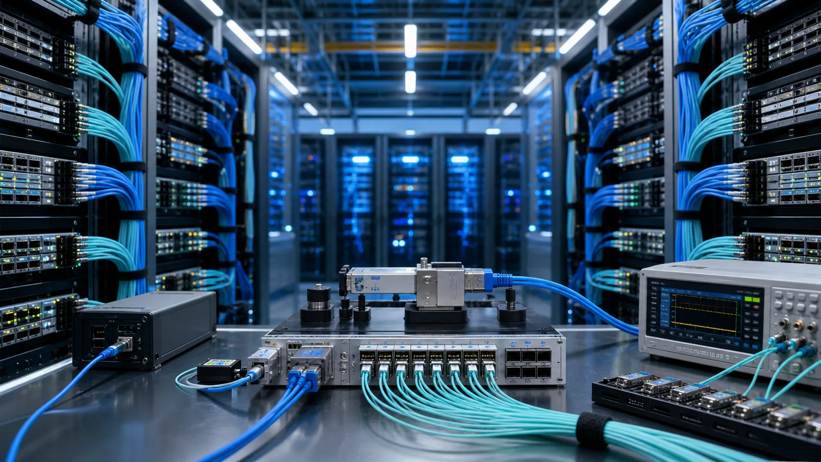 AI data center optical interoperability lab with high-density fiber cabling and test equipment
