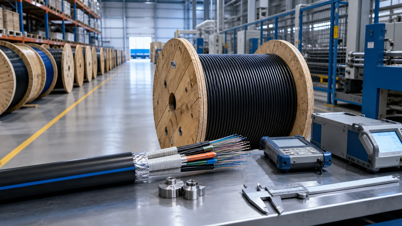 Fiber optic cable drums and quality inspection equipment in an organized manufacturing logistics area