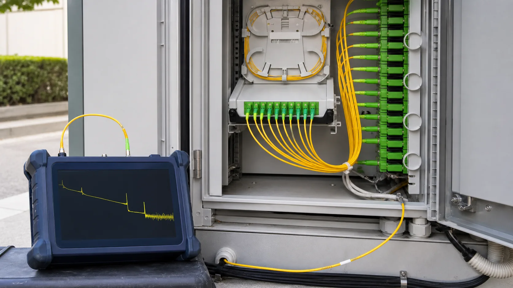 OTDR connected to a 1:32 passive optical splitter in an outdoor fiber distribution cabinet