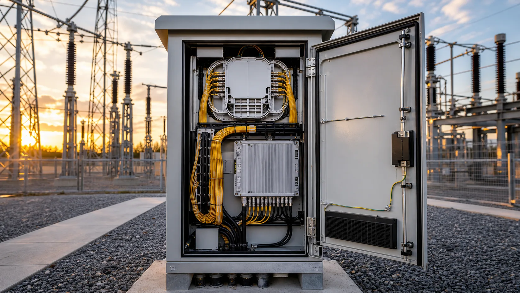 Utility substation communications cabinet with passive optical fiber distribution and XGS-PON equipment