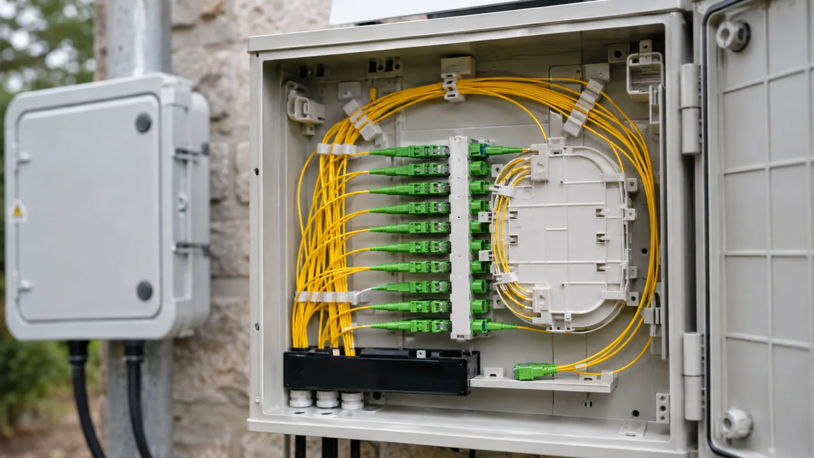 Fiber distribution cabinet with splitter cassette, green adapters and organized yellow pigtails