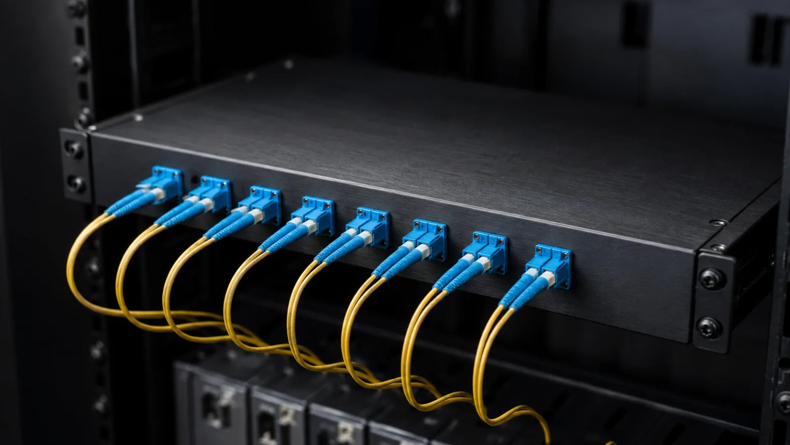 Passive optical multiplexing panel with blue ports and yellow fiber patch cords