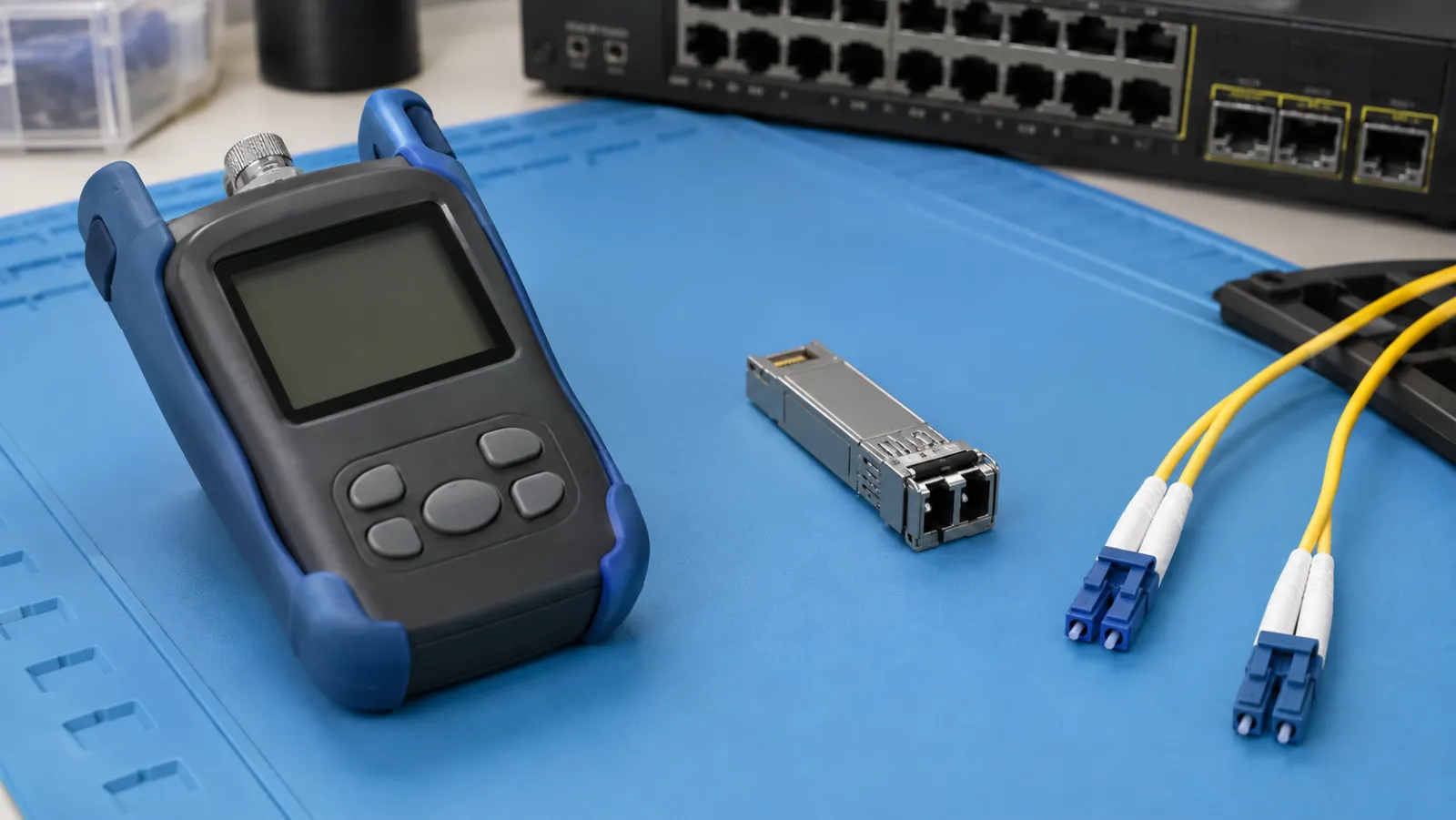 Handheld optical power meter and silver optical transceiver beside yellow duplex patch cords on a blue work mat