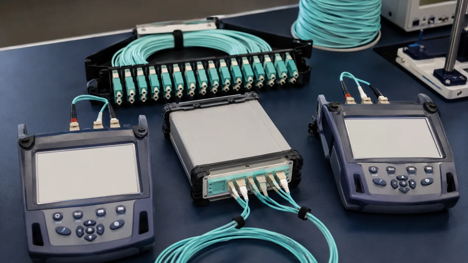Multimode optical test instruments and aqua launch cords beside an LC patch cassette