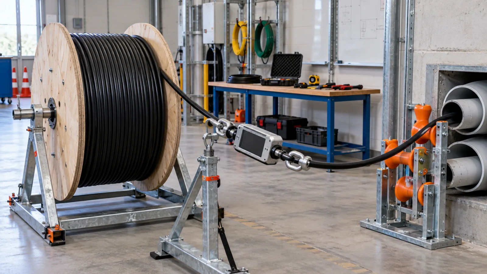 Fiber optic cable reel aligned with bend rollers and a digital tension meter at a conduit entrance