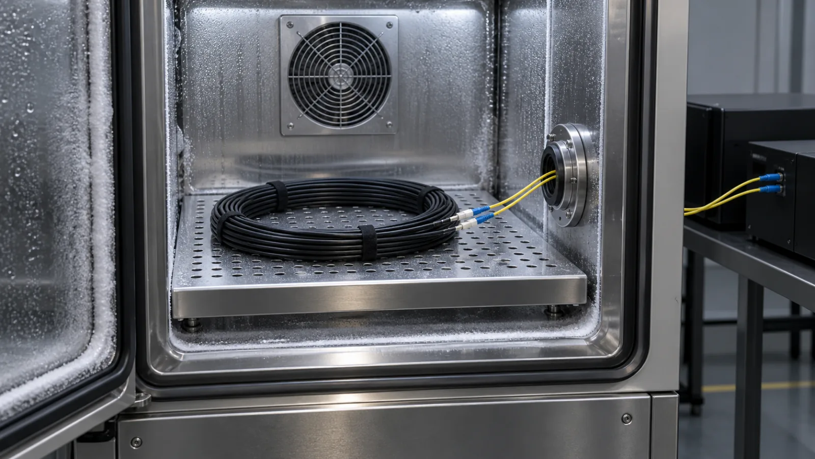 Fiber optic cable coil inside an open environmental temperature chamber with optical monitoring leads