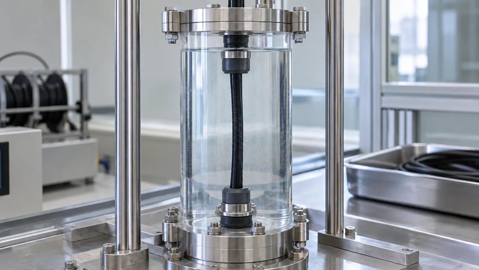 Fiber optic cable sample connected to a transparent water column test fixture in a materials laboratory