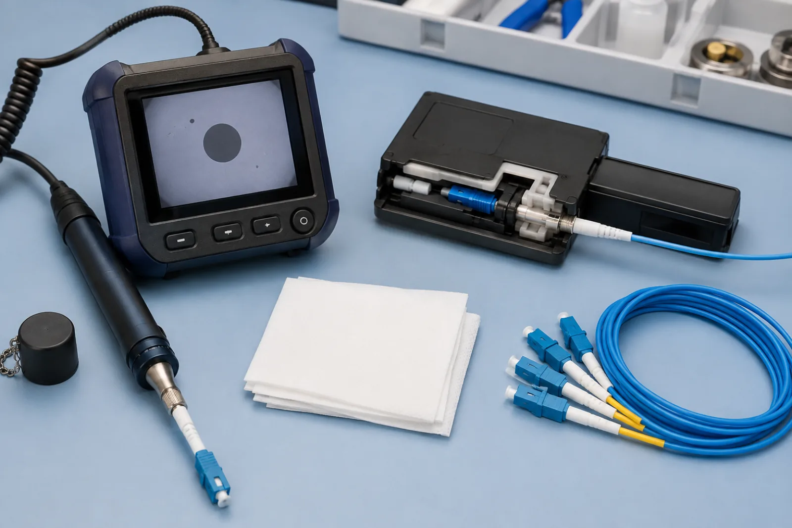 Video inspection probe and fiber connector cleaning tools arranged beside blue patch cords