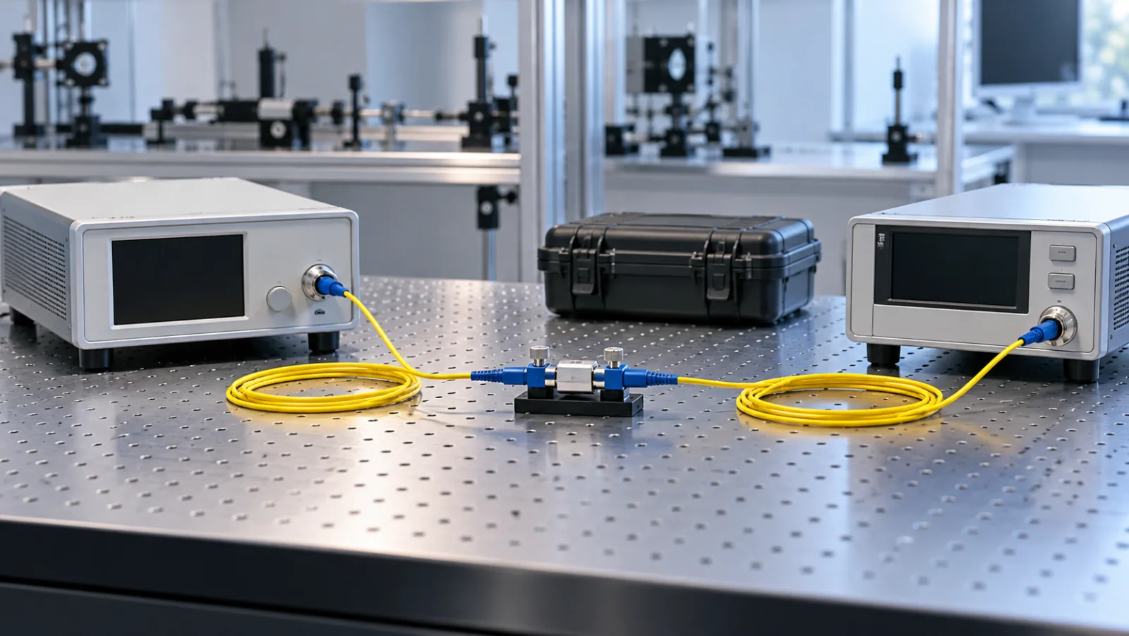 Optical light source and power meter connected by reference cords on a fiber testing bench