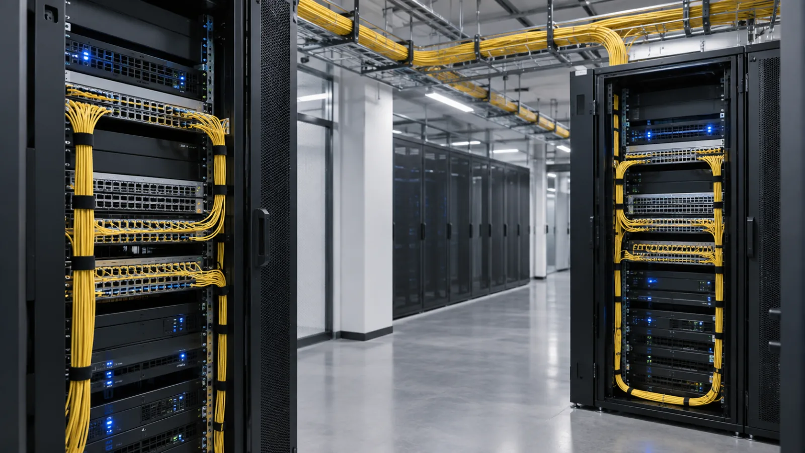 Two optical transport racks connected by neatly routed fiber patch cords in a data center corridor