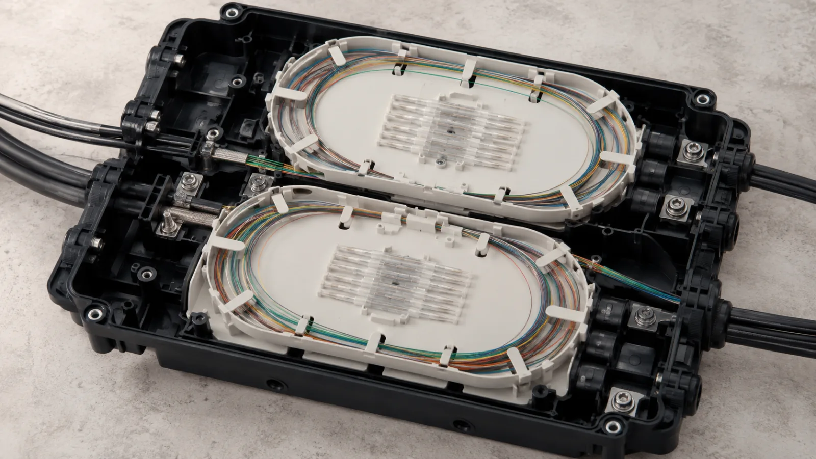 Open fiber splice enclosure with organized colored fibers and two splice trays