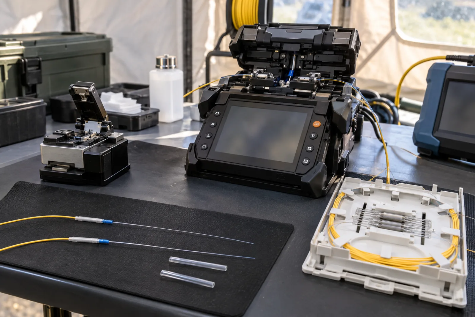 Fusion splicer beside cleaved fibers and a protected splice tray on a field workbench