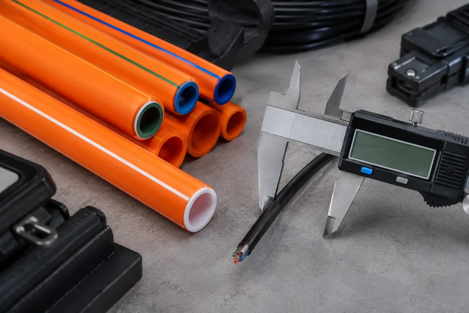 Technician measuring a black fiber microcable beside orange microducts with a digital caliper