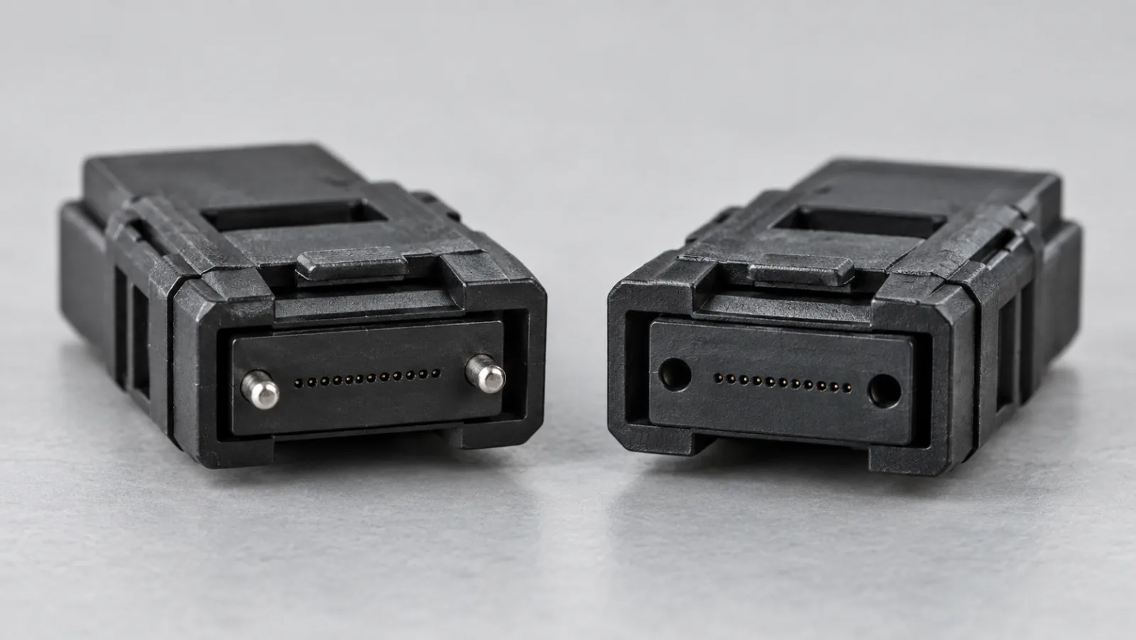 Two rectangular multifiber connector ferrules with matching guide pins and guide holes on a clean work surface