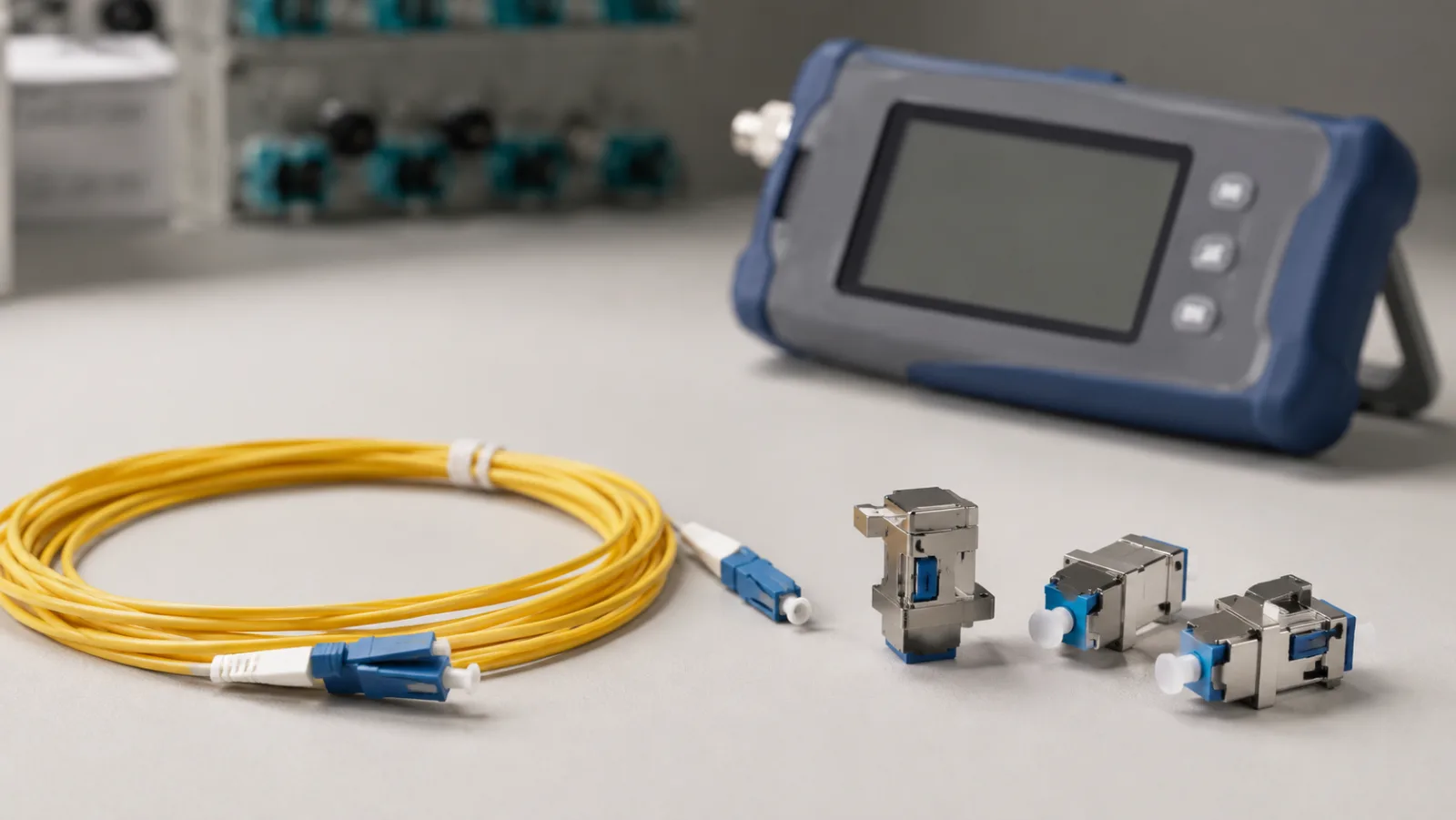 Fixed optical attenuator components beside a yellow fiber jumper and power meter