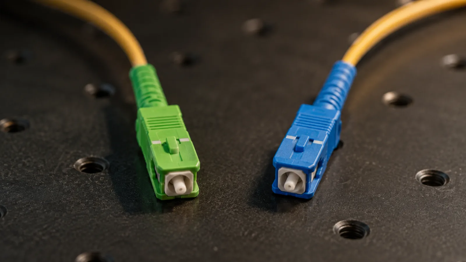 Separate green APC and blue UPC optical connectors resting on a dark workbench