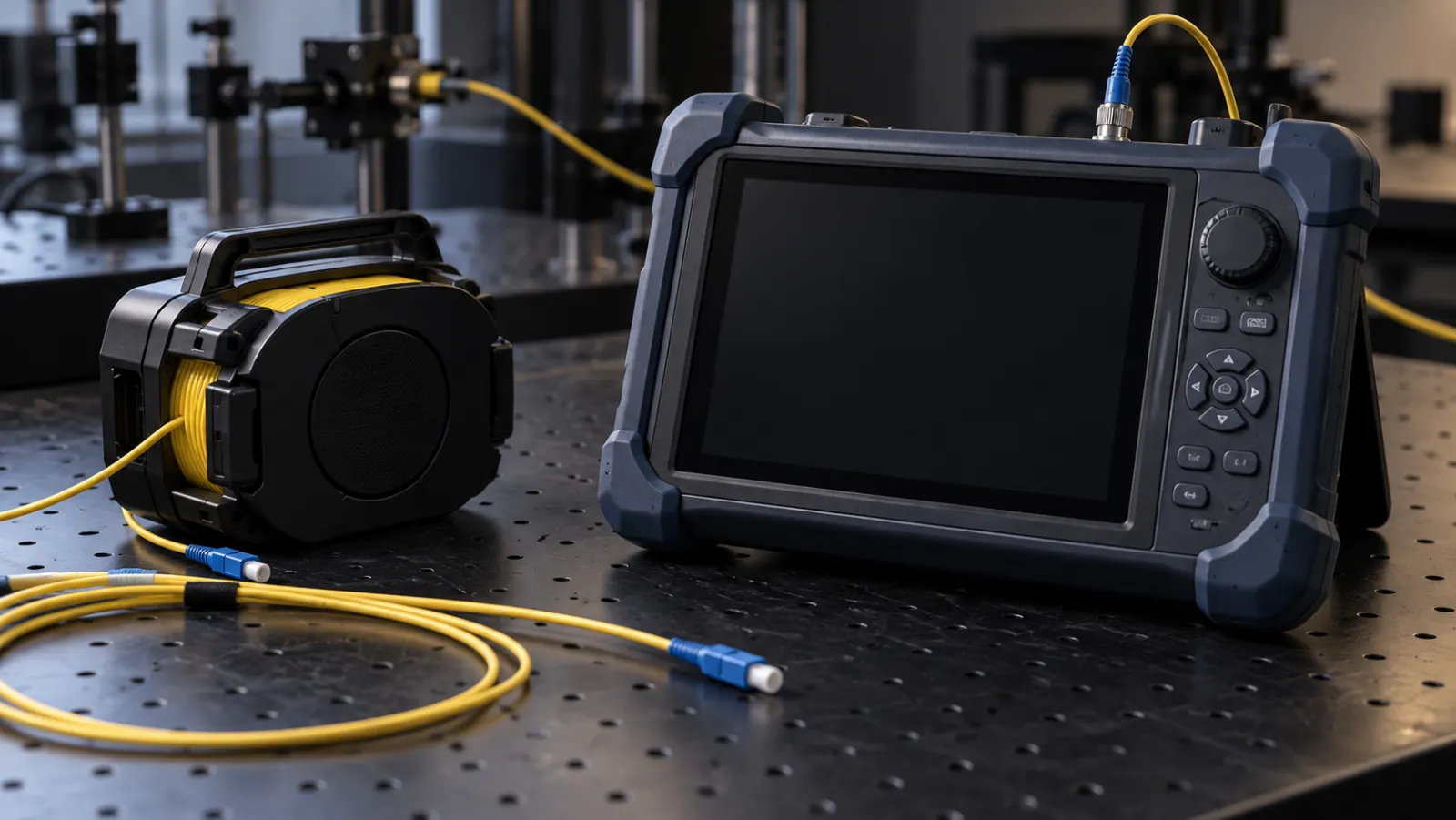 Optical time domain reflectometer with a blank screen beside a launch fiber spool and yellow test leads on a laboratory bench