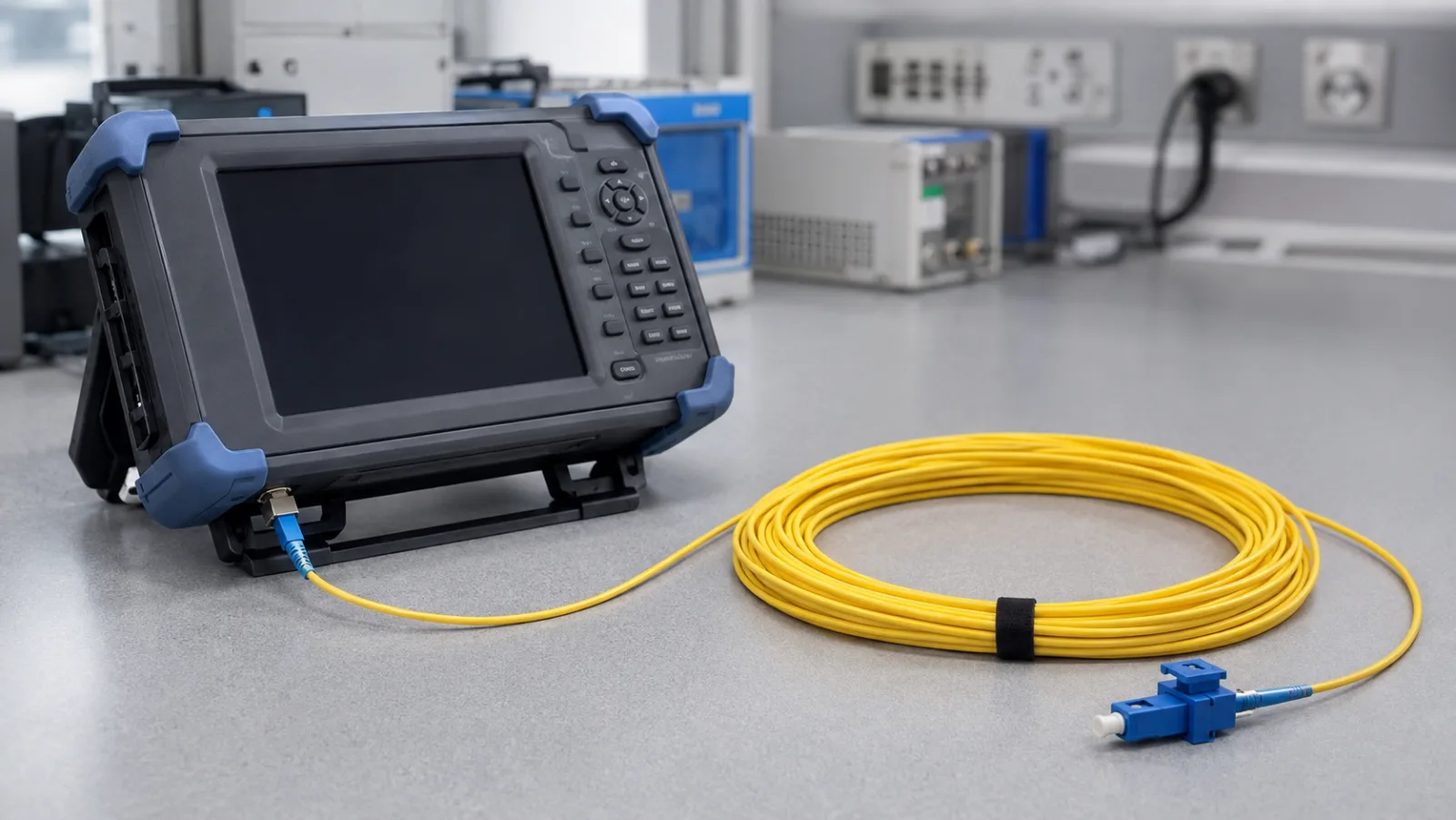 Optical time domain reflectometer with a coiled yellow launch cable on a workbench