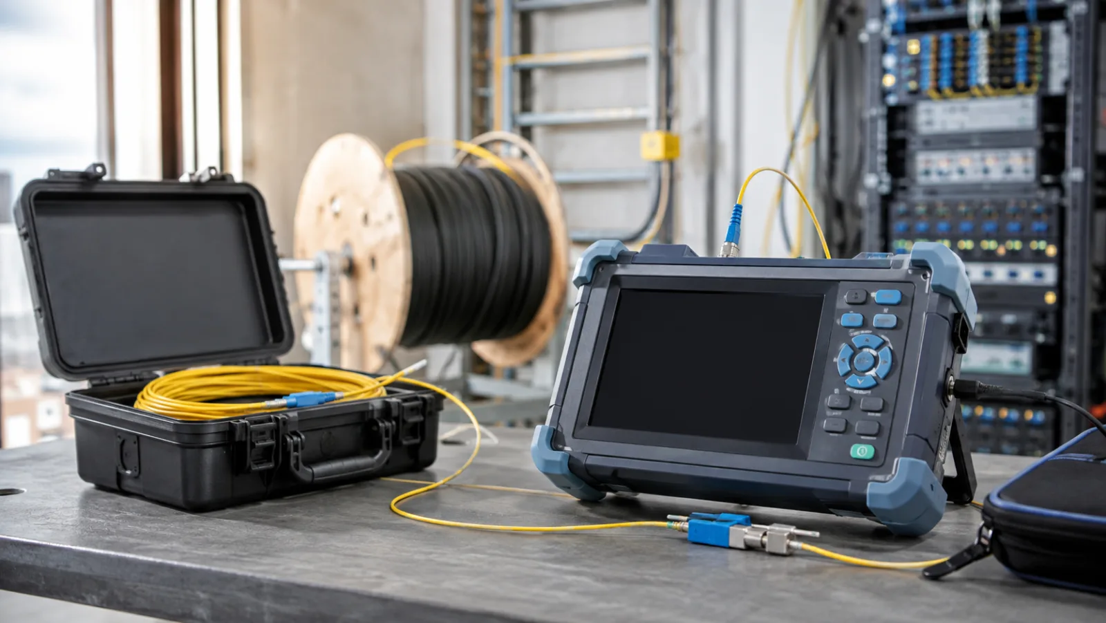 Portable OTDR beside a protective case containing a coiled yellow launch fiber