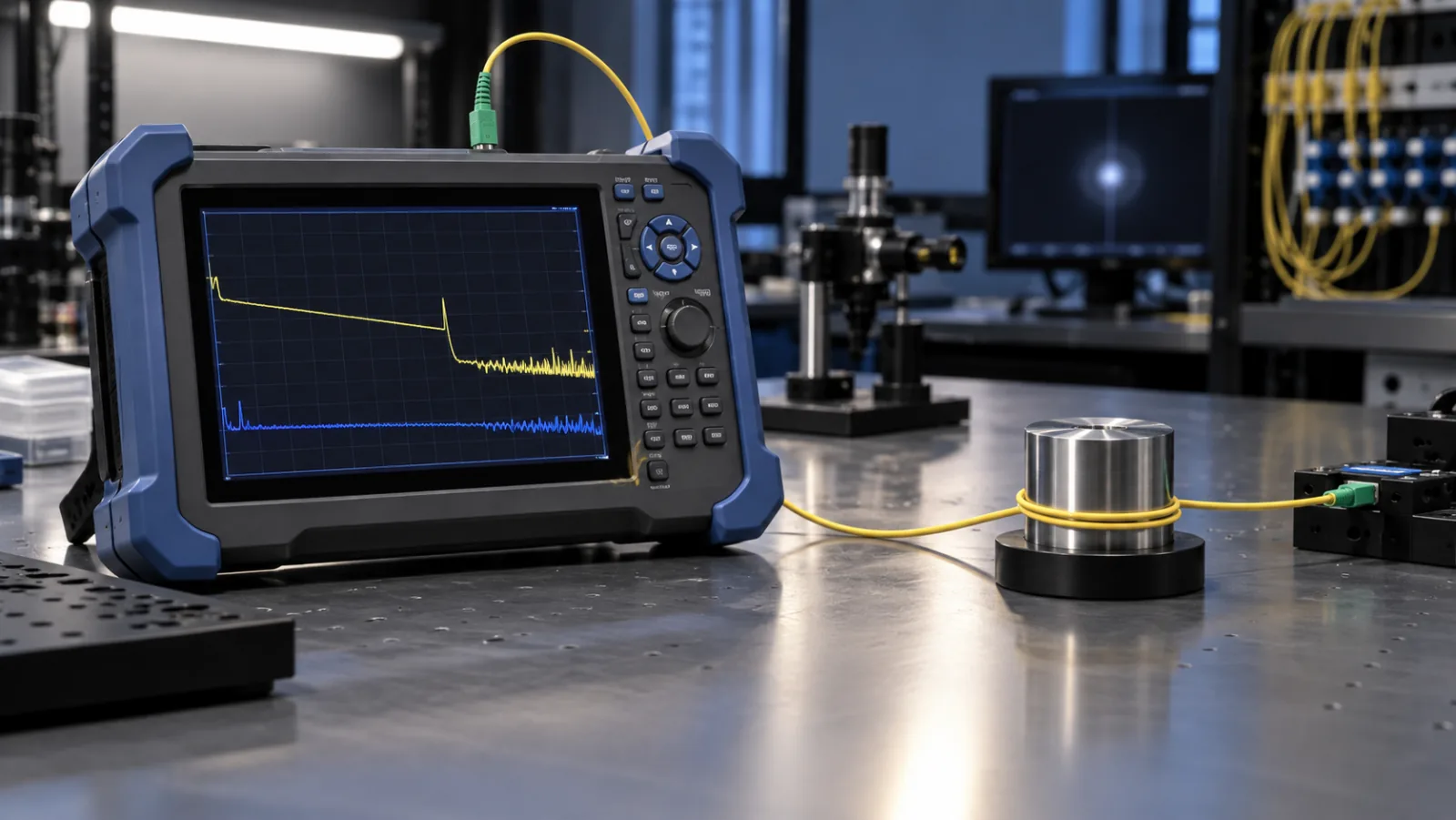 Optical time domain reflectometer beside a yellow fiber loop arranged on a clean test bench