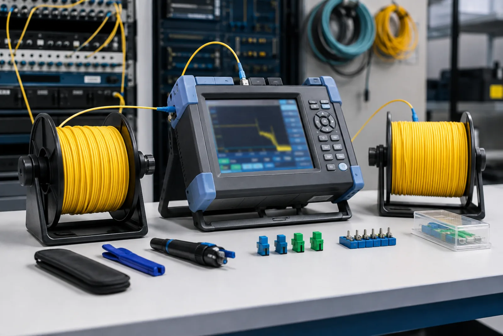 OTDR instrument connected to a yellow fiber launch reel on a clean test bench
