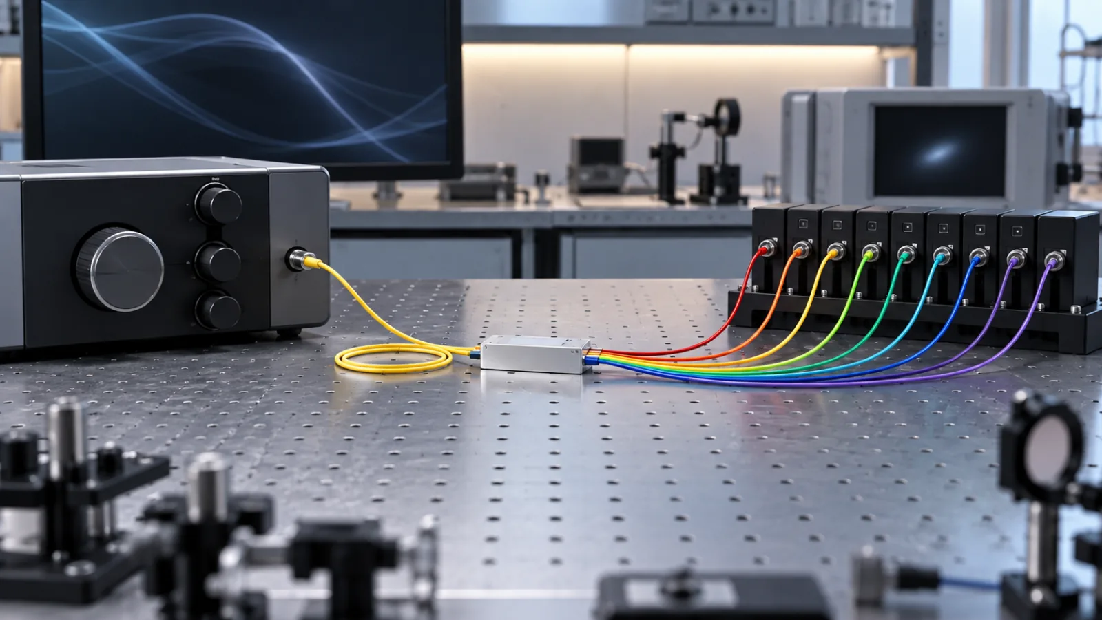 PLC optical splitter connected to a polarization controller and multichannel optical power meters in a laboratory