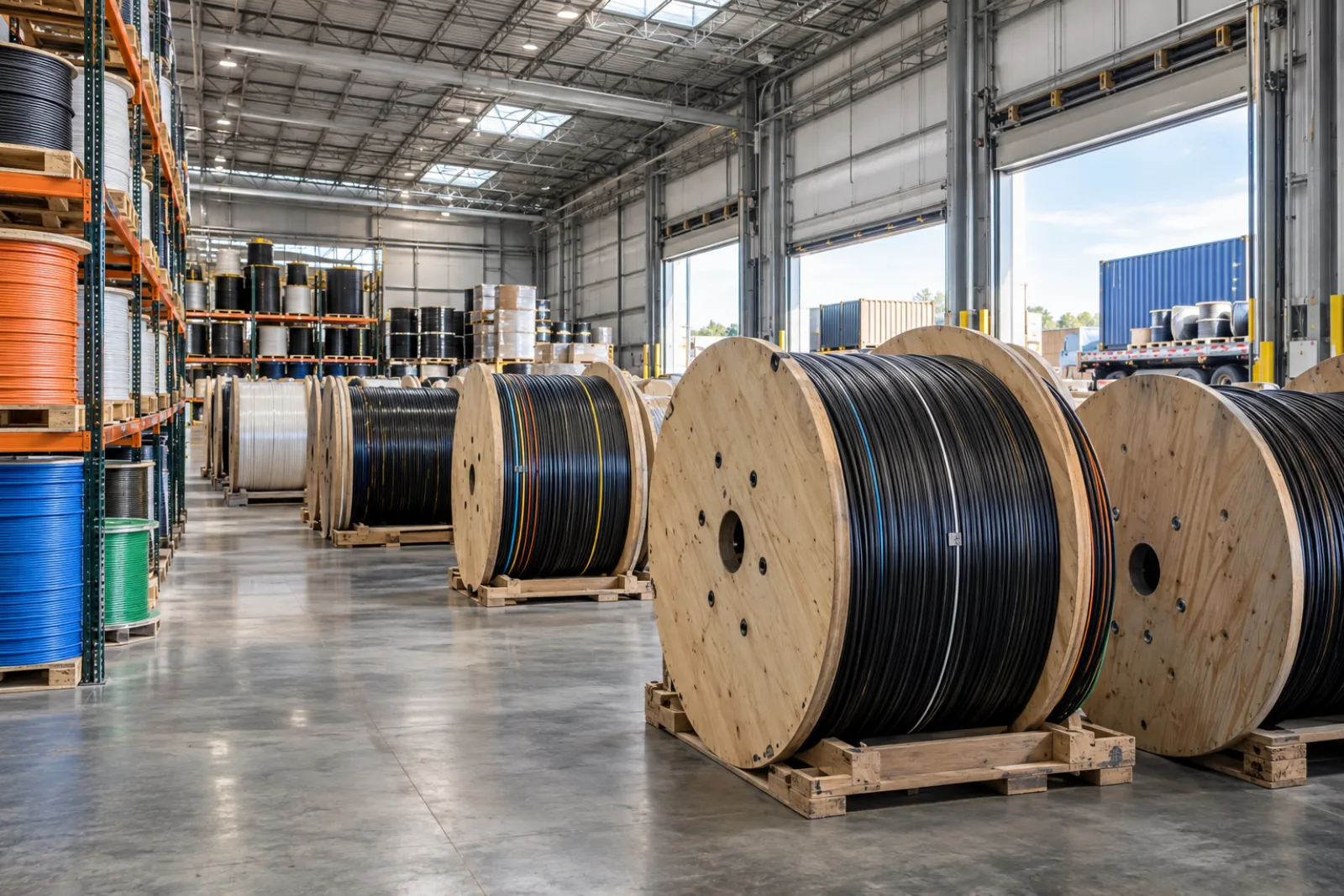 High-density ribbon fiber cable reels prepared for a large network deployment