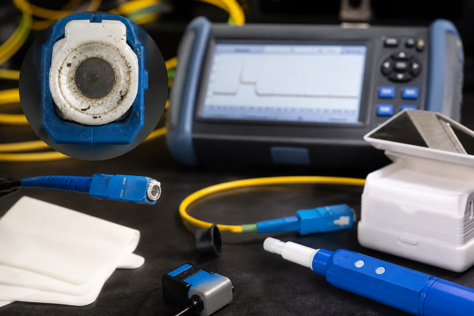 dirty and damaged fiber connector inspection beside optical loss test equipment, realistic macro diagnostics