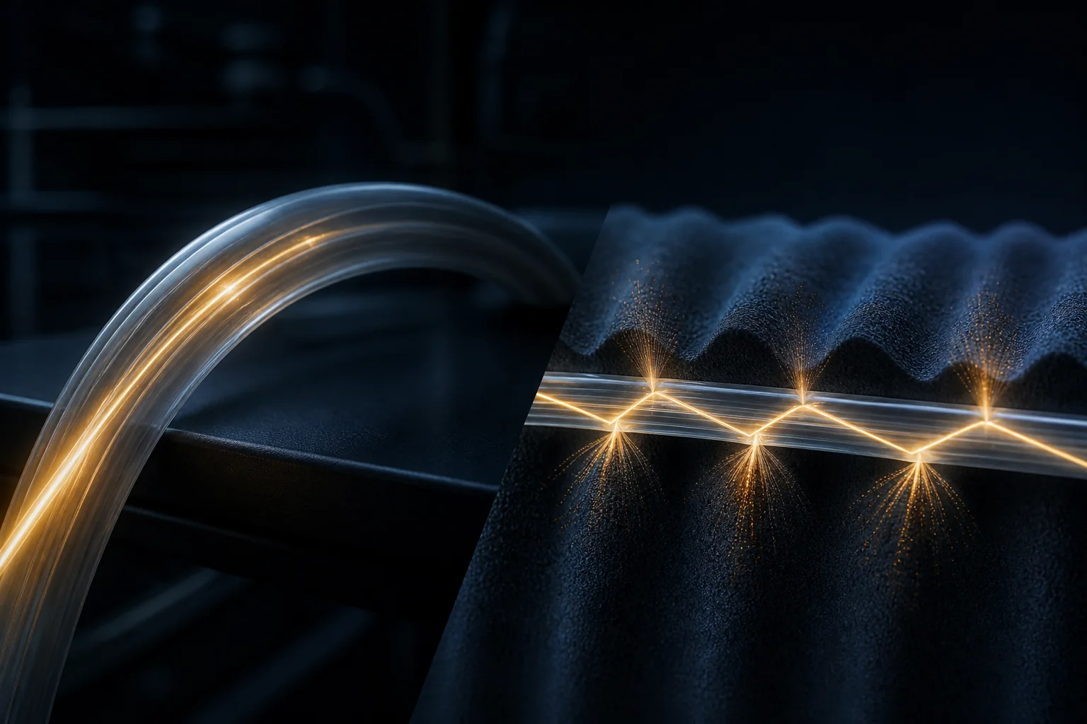 Photorealistic scientific illustration of an optical fiber with a large-radius bend and microscopic pressure points causing light leakage, highlighting macrobend and microbend loss mechanisms.