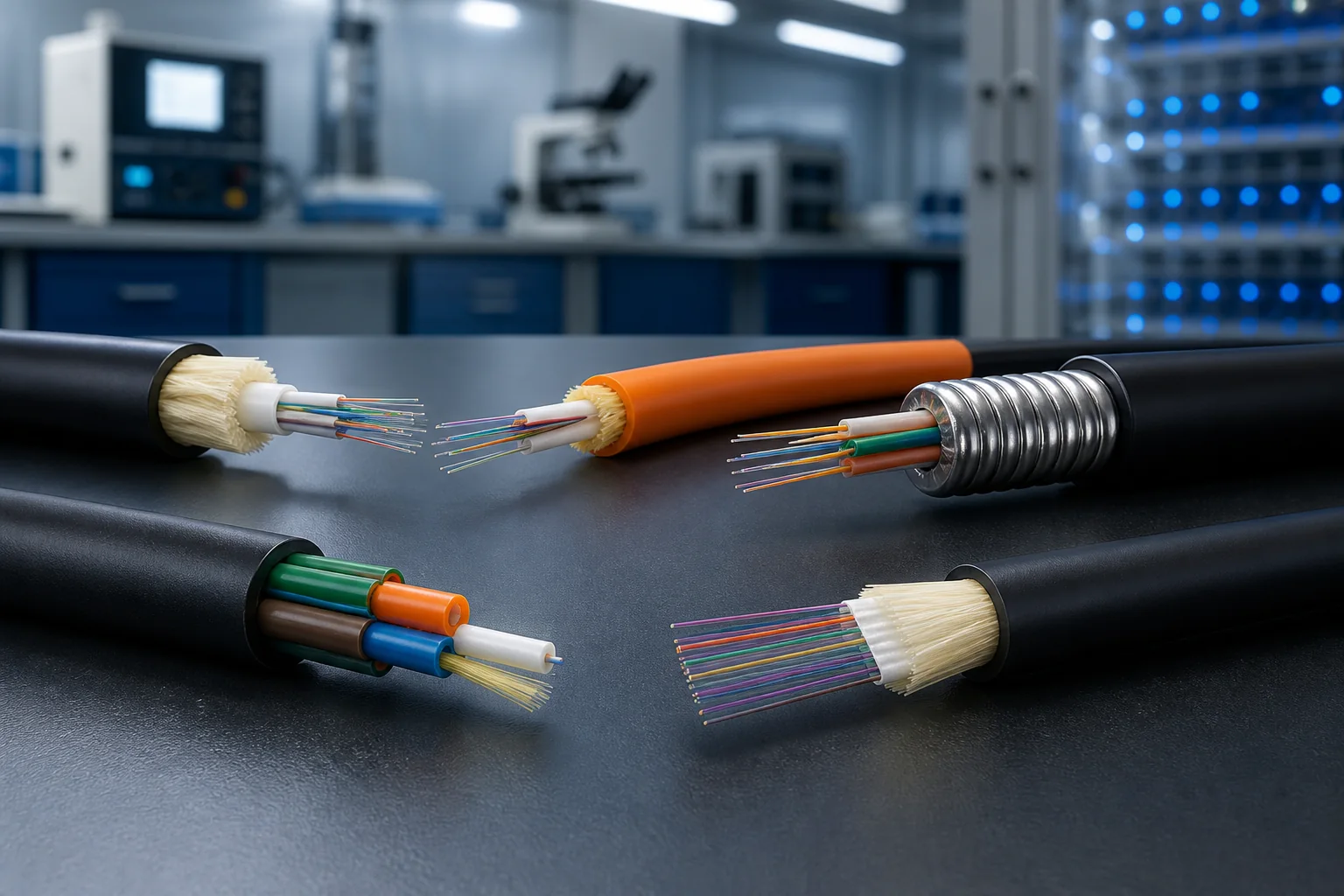 Different fiber optic cable types for indoor outdoor aerial and buried routes