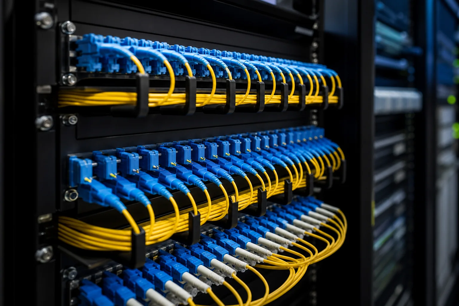 organized fiber optic patch cords in a modern data center rack, LC and SC connectors, realistic cable management