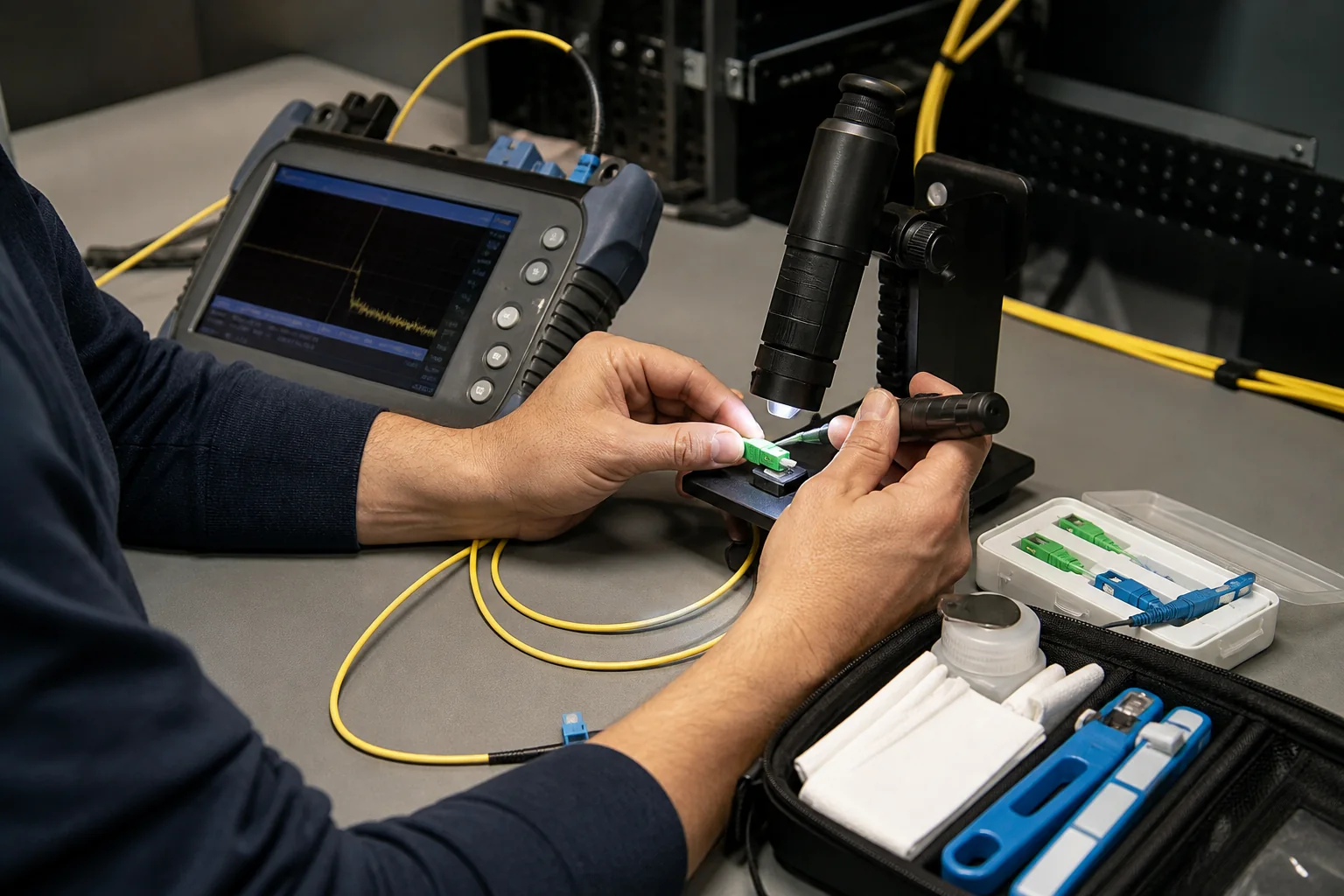 Engineer hands diagnosing a fiber optic link with an OTDR trace, inspection microscope, and cleaning tools on a workbench