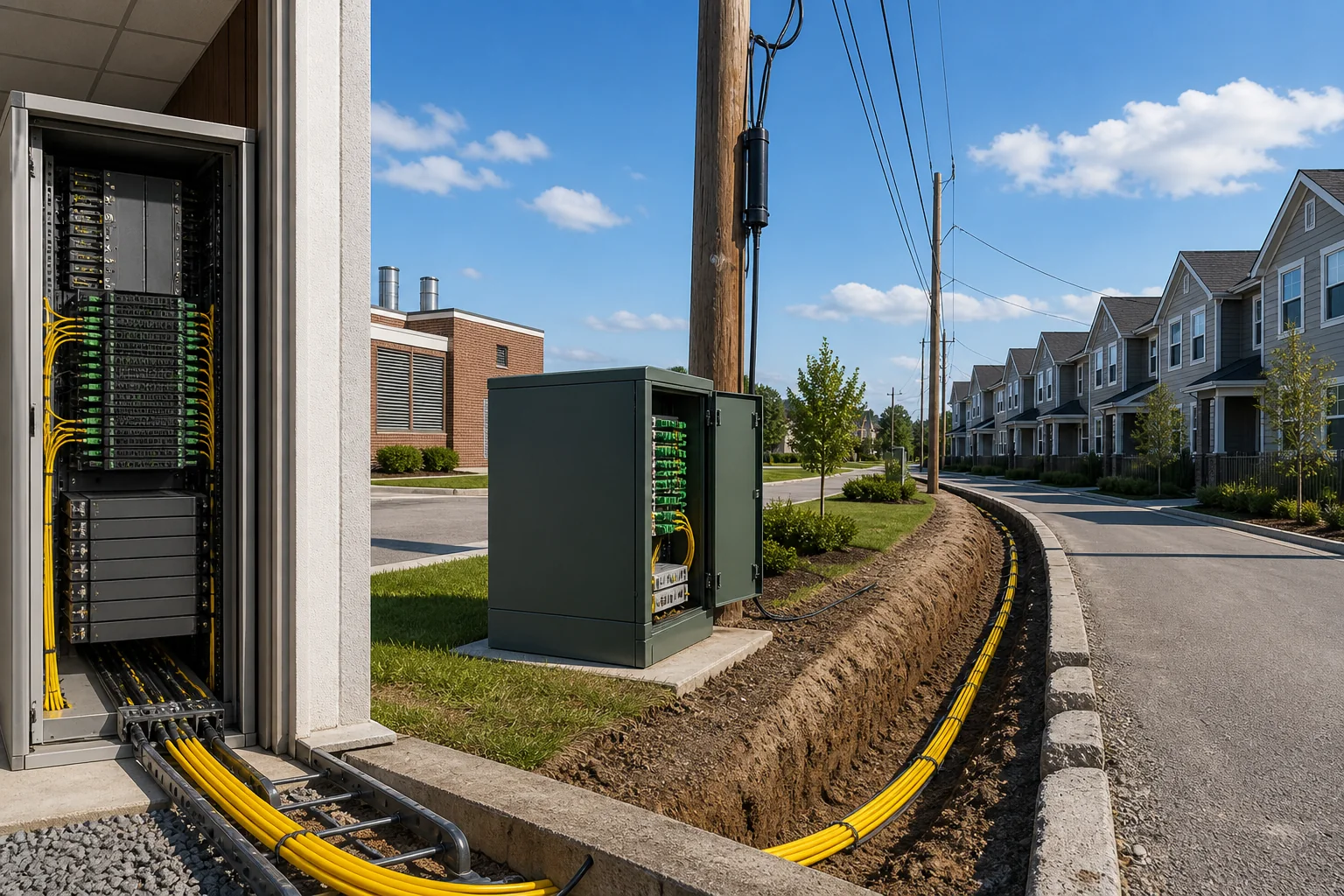 Photorealistic FTTH network infrastructure from central office through street cabinets to residential buildings, no text labels