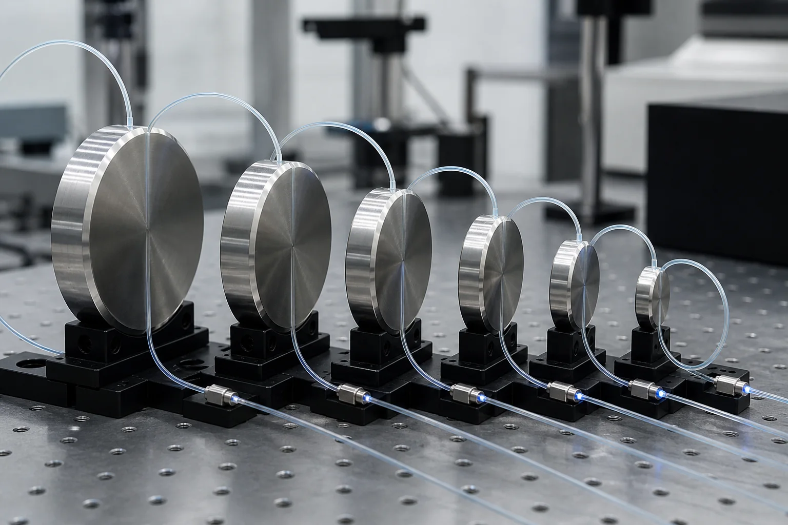bend insensitive single mode optical fiber samples routed around progressively smaller mandrels in a technical laboratory