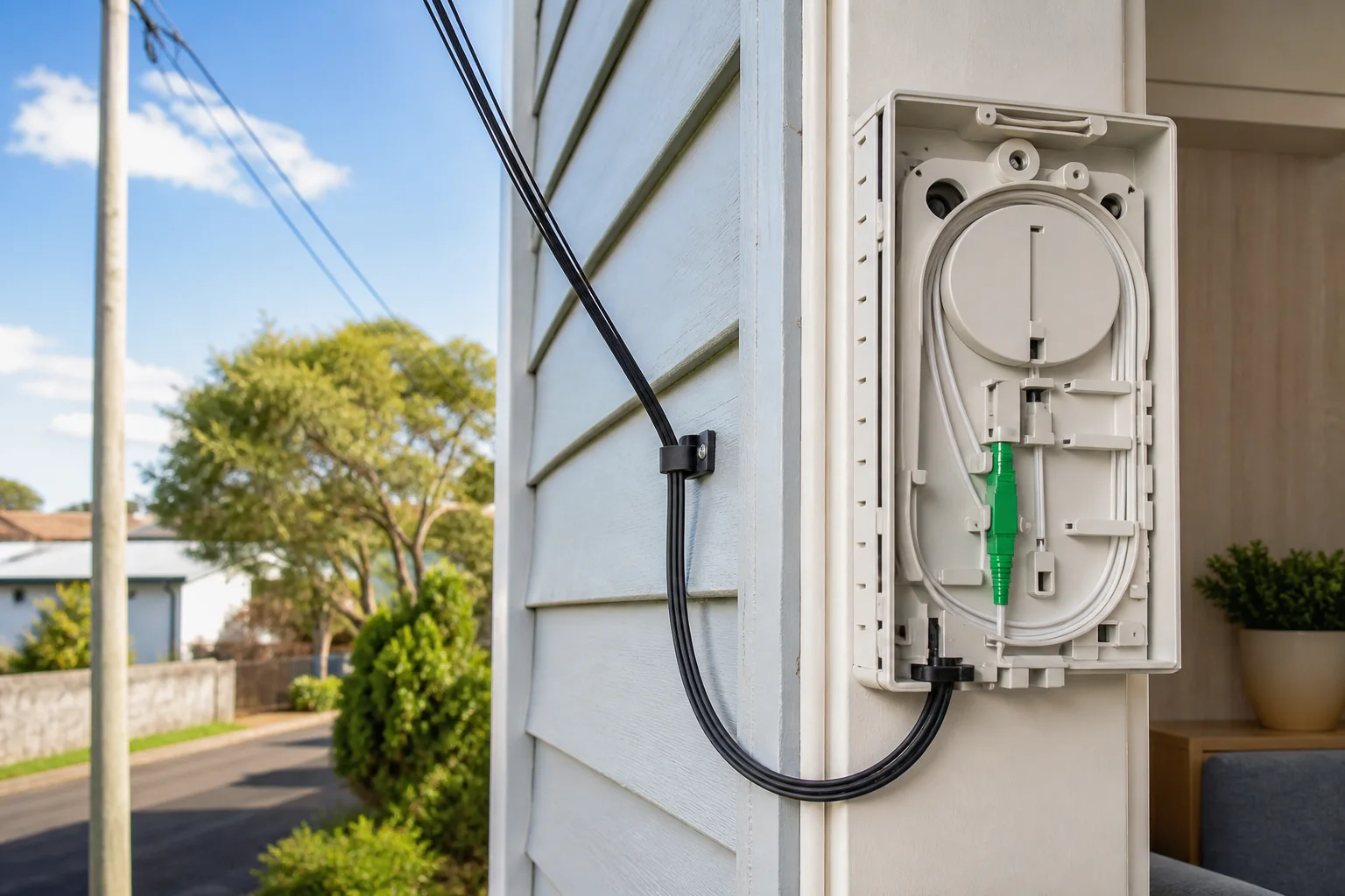 Comparison of indoor and outdoor FTTH drop cables showing jacket differences
