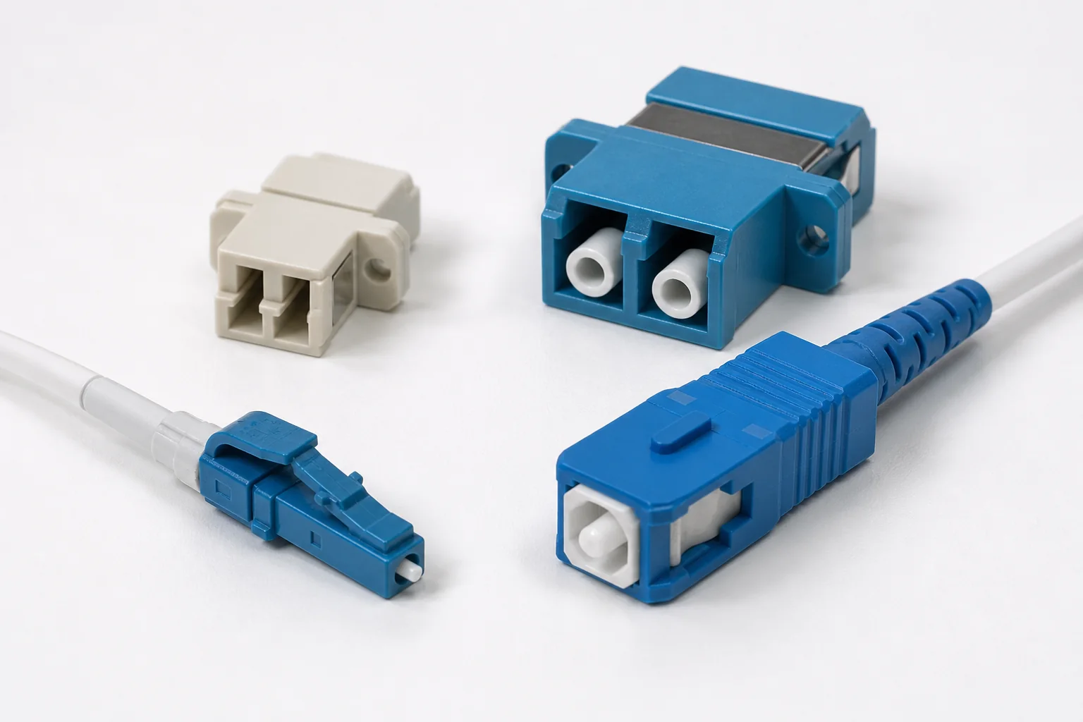 macro comparison of LC and SC fiber optic connectors and adapters on a clean white technical workbench