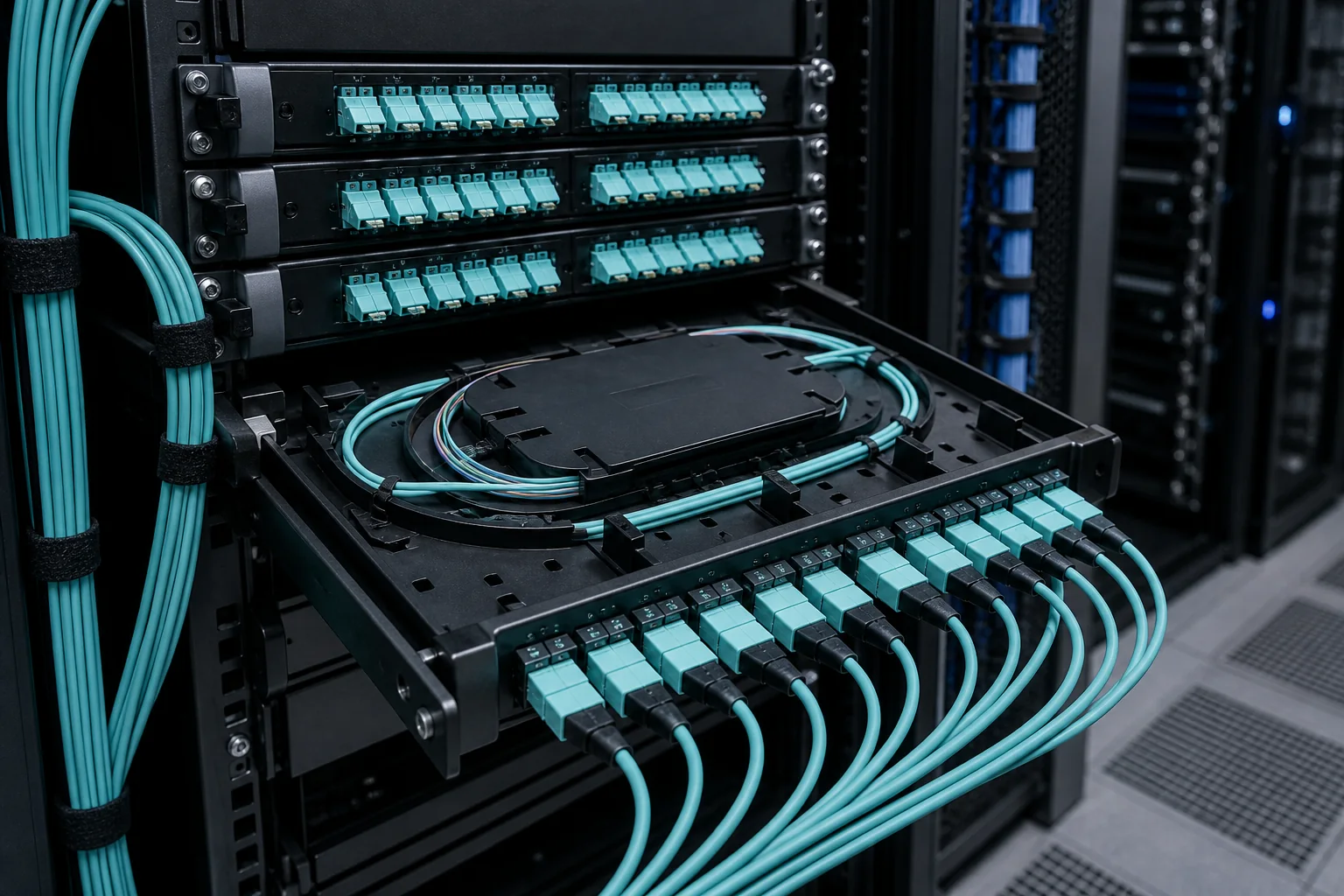 High-density MPO fiber trunks and cassettes in a data center patching environment with organized cables and connectors