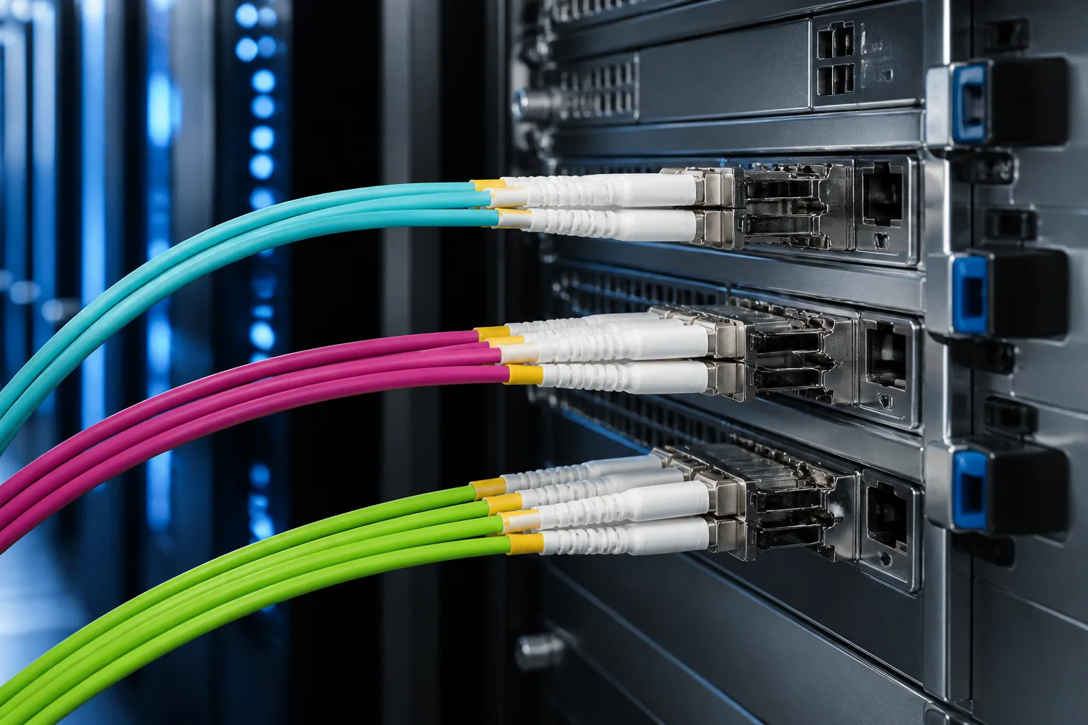 aqua magenta and lime green multimode fiber cables connected to high speed data center transceivers