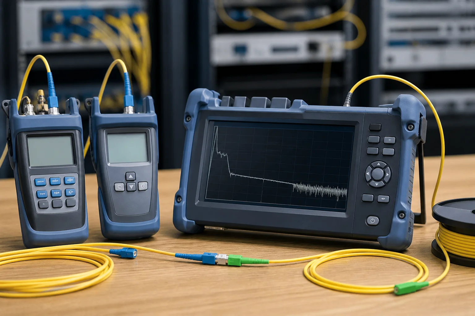 Optical power meter with light source and an OTDR device placed side by side on a workbench for comparative fiber testing
