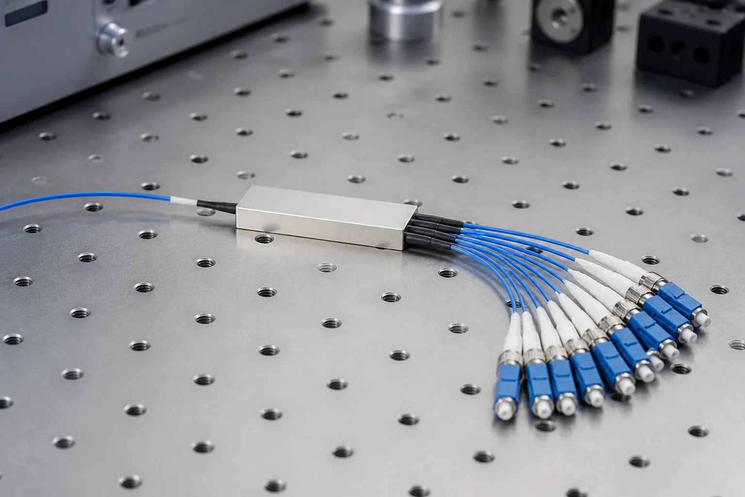 a realistic planar lightwave circuit fiber splitter module with multiple output fibers on a clean engineering workbench