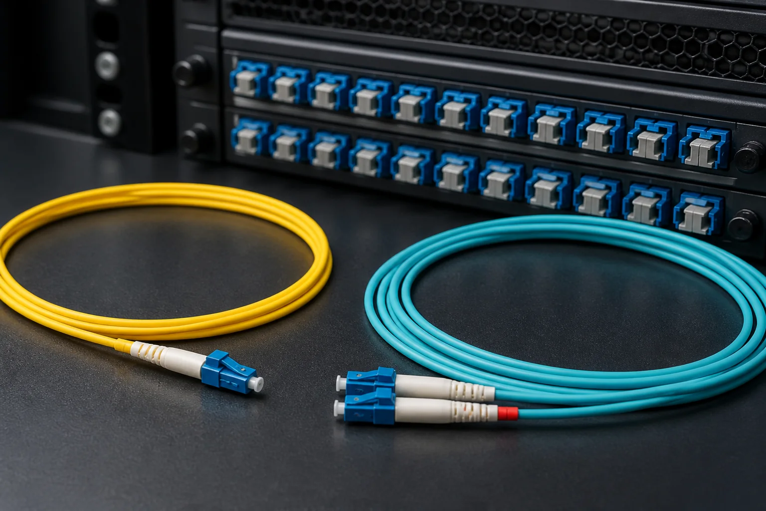 Simplex and duplex LC fiber patch cords neatly arranged beside data center patch panels